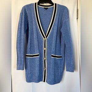 Talbots cable knit tipped Blue Iris Girlfriend Cardigan size petite medium